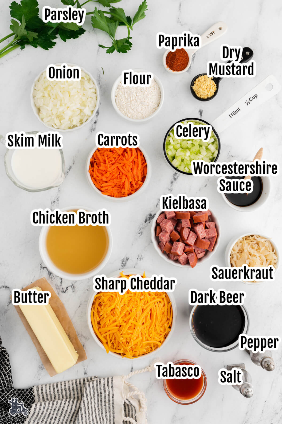 Image of the ingredients with the names for the Beer Cheese Soup. 