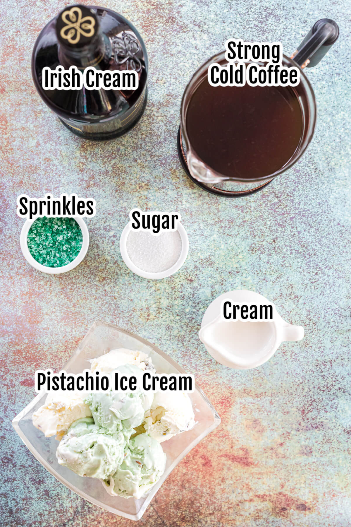 Image of the ingredients for making Bailey Irish Iced Coffee. 