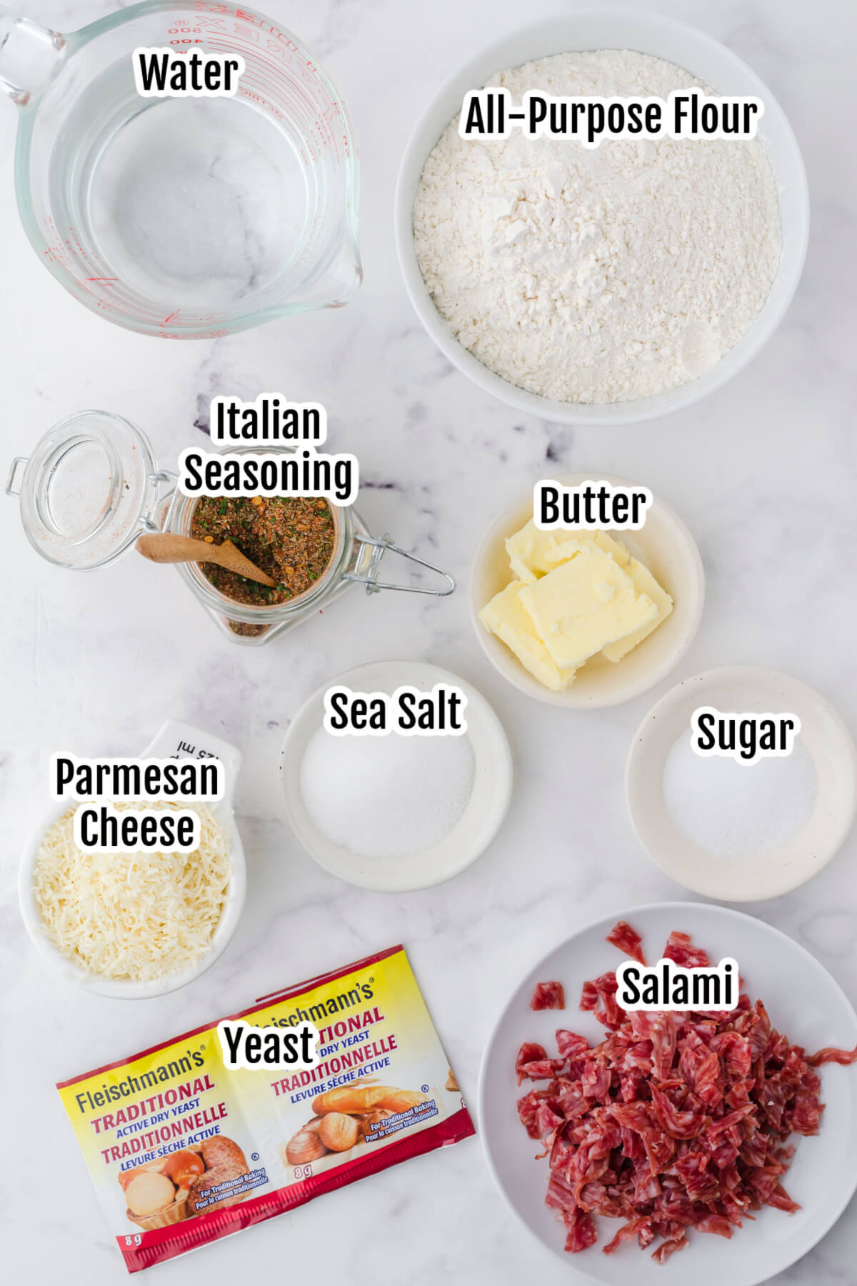Image of Ingredients for Italian Bread with Herbs and Parmesan cheese. 