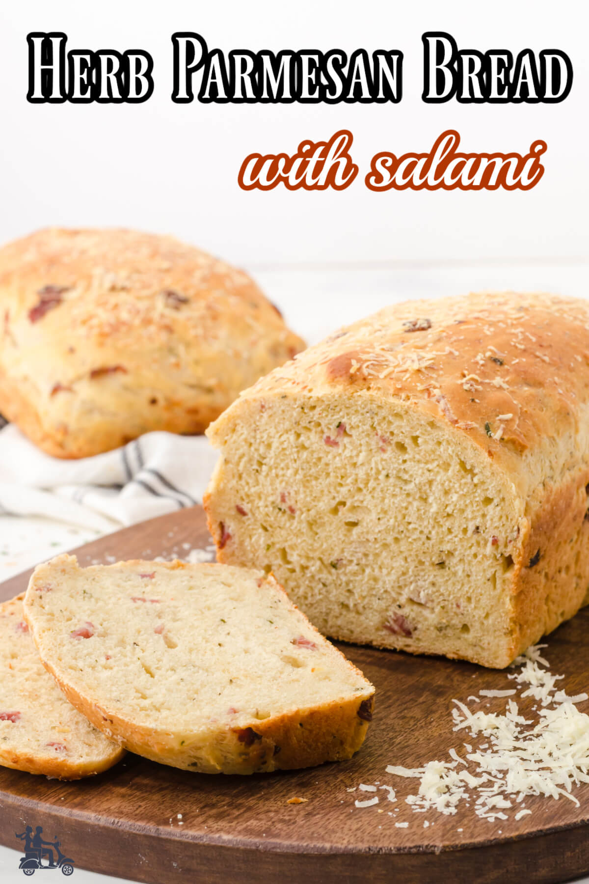 Italian Salami Bread Loaf sliced on cutting board. 