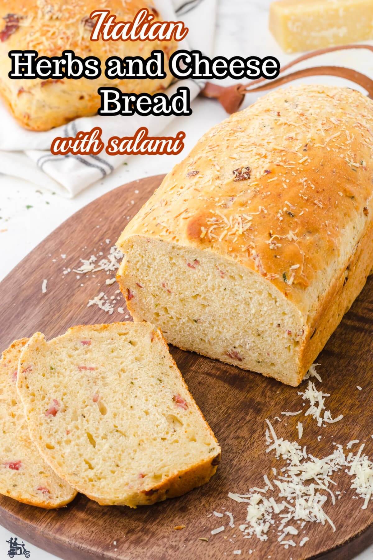 Overhead view of bread loaf with a slice cut. 