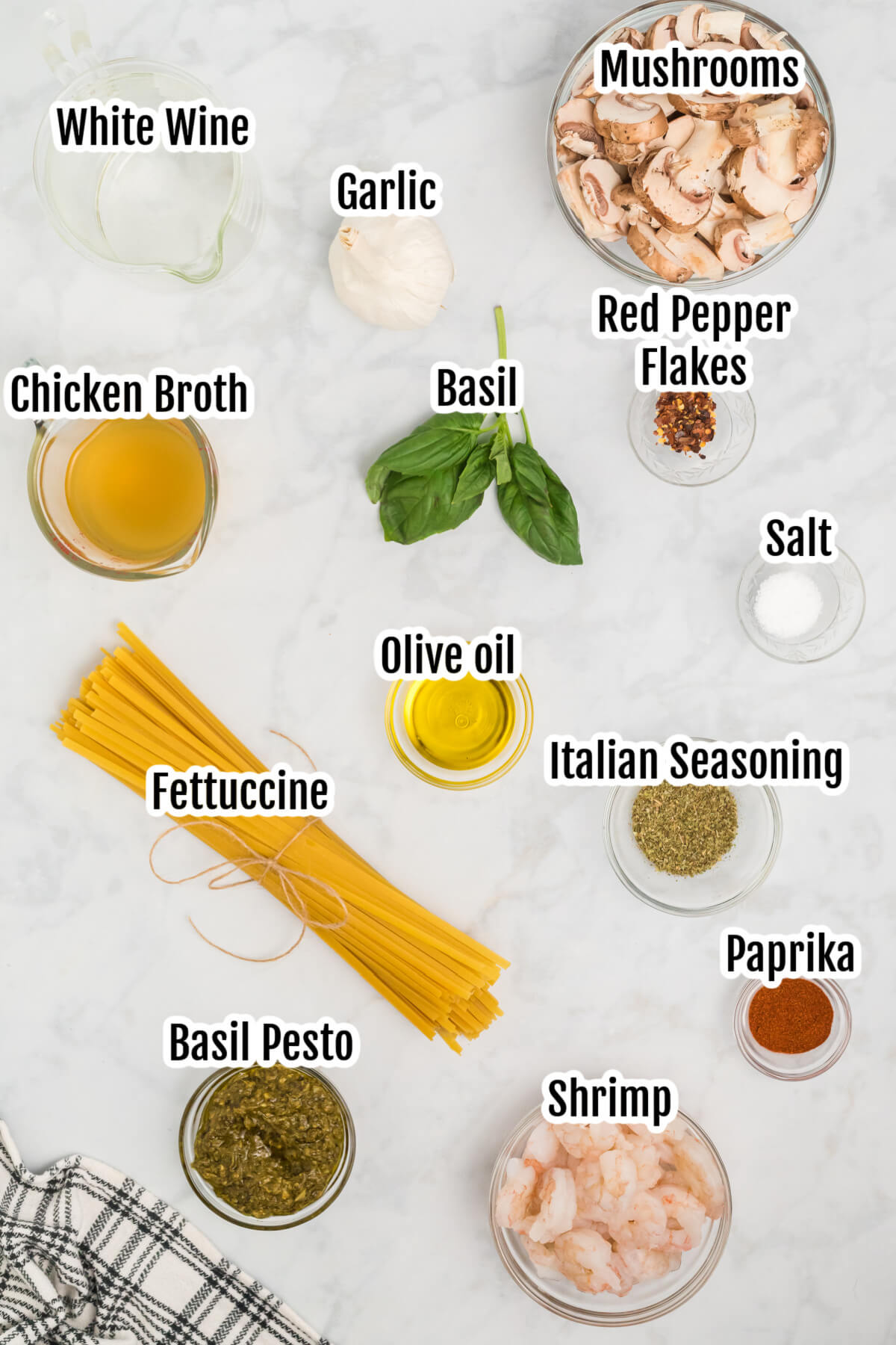 Image of the ingredients for Shrimp Alfredo recipe. 
