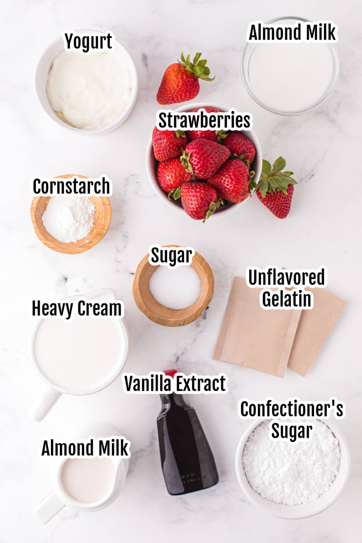 Image with the ingredients for Panna Cotta with Strawberry Sauce.