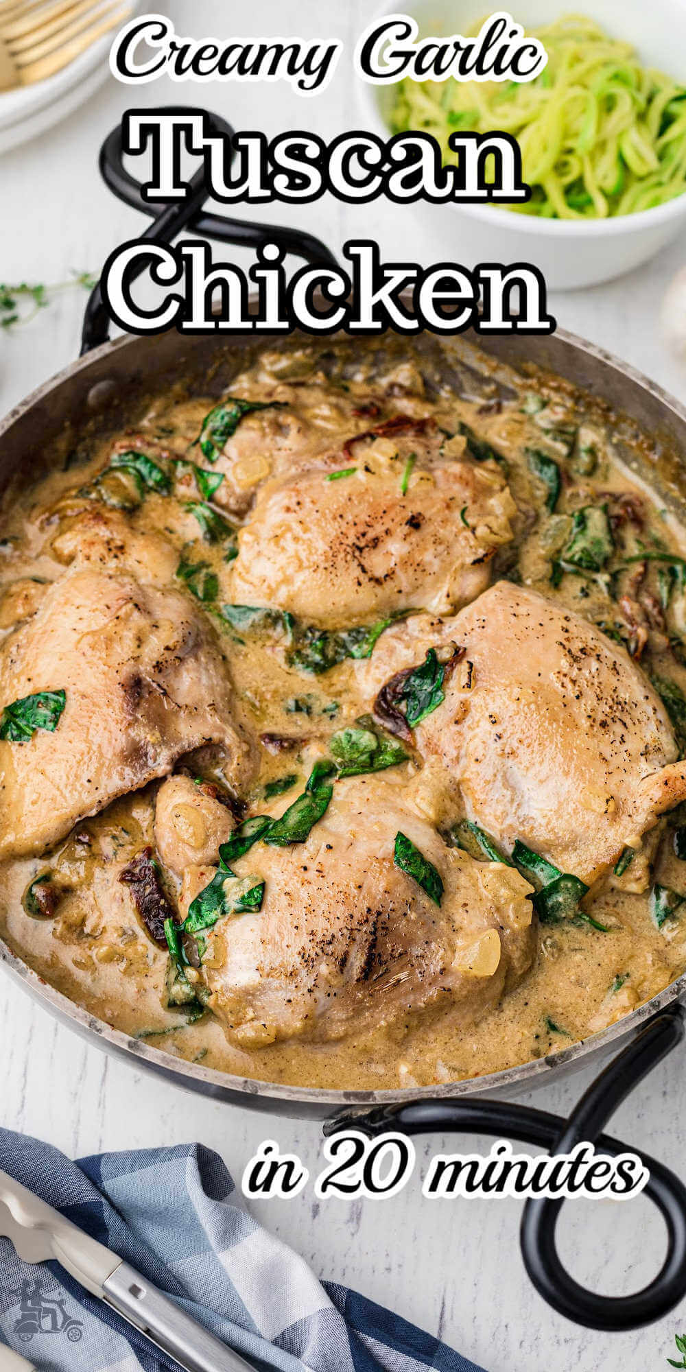 This creamy Tuscan chicken is one of my favorite one-pan recipes. It bursts with flavor and looks so pretty with the baby spinach and sweet sun dried tomatoes mixed throughout the creamy garlic sauce. Make this Tuscan chicken for the family in just 30 minutes, served over your favorite pasta or zucchini noodles for a low-carb option.