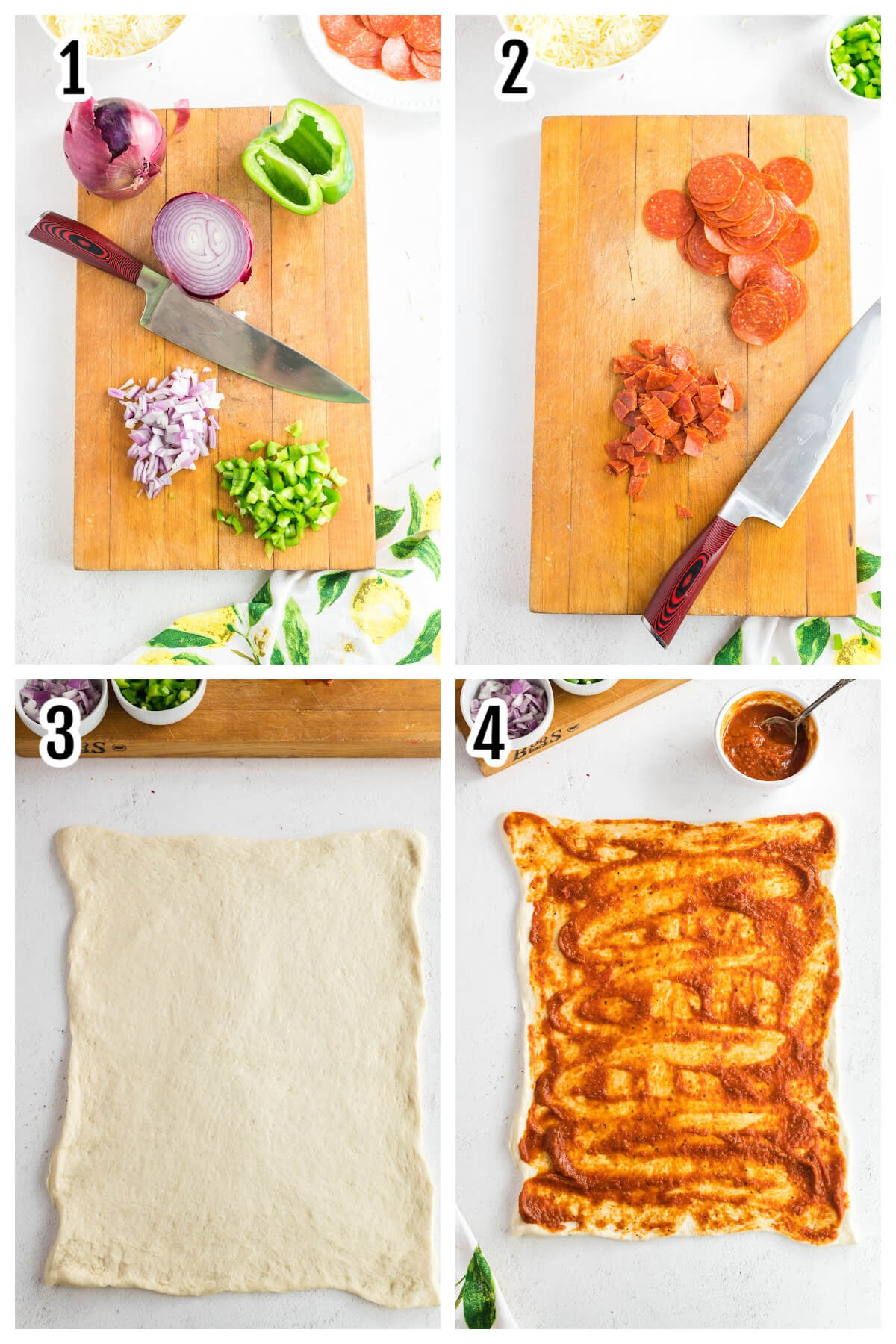 First set of four steps for Pizza Pinwheels.