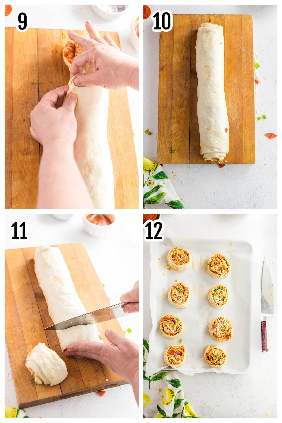 Third set of four steps to make Pizza pinwheel swirls. 