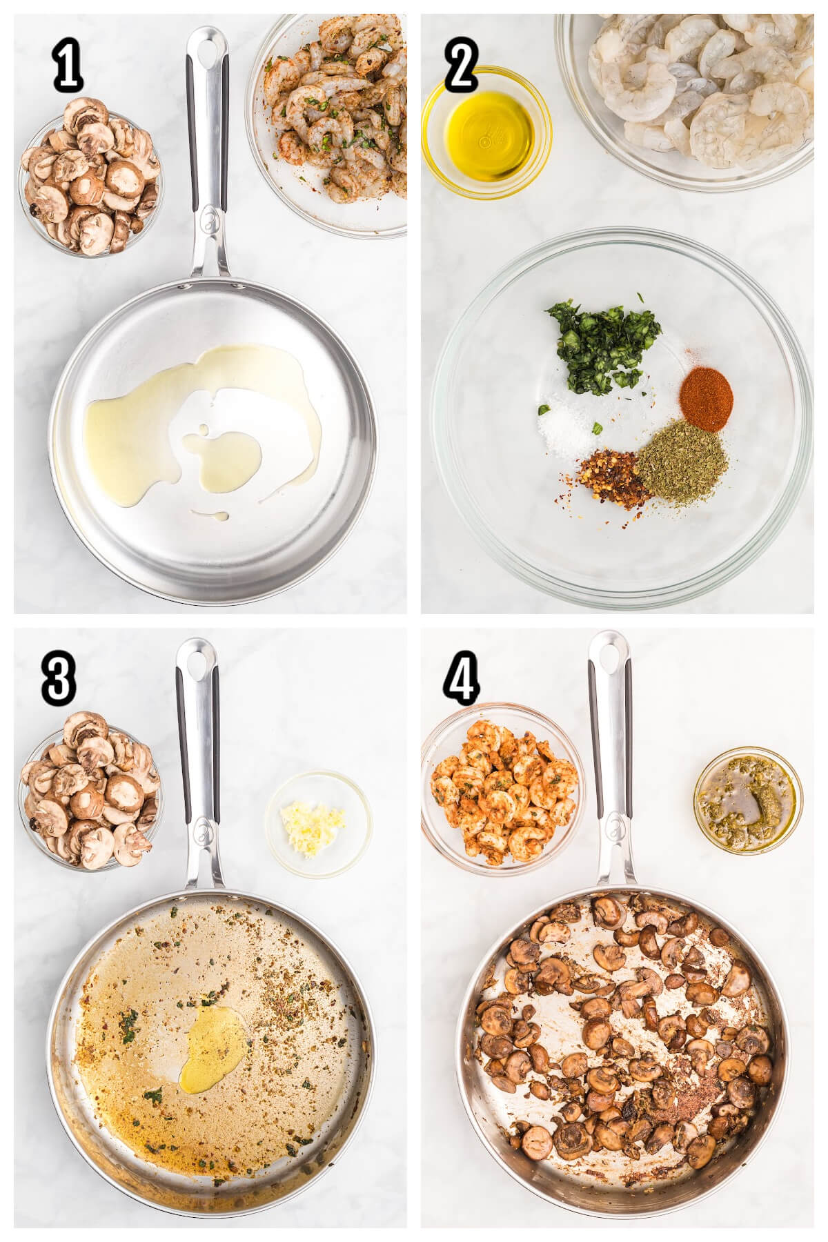 First four steps to making the Pesto shrimp fettuccine. 
