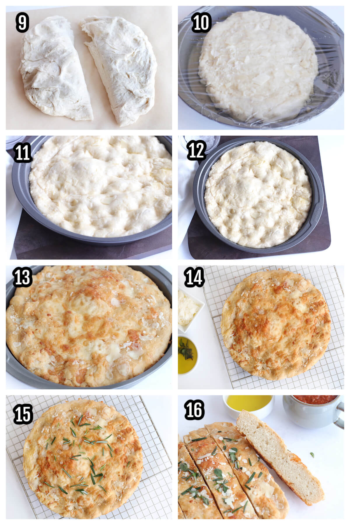 Steps 9 to 16 for making the Italian Focaccia recipe. 