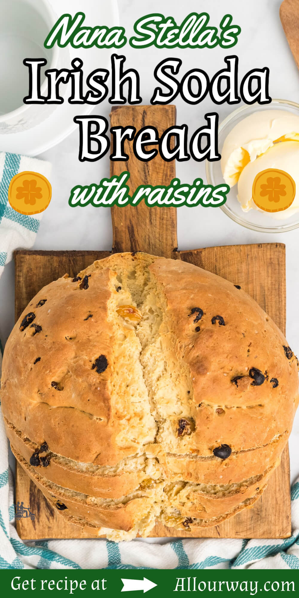 This Irish Soda Bread with Raisins is a quick bread that doesn't need any yeast. Our Nana's traditional bread's leavening comes from the combination of baking soda and buttermilk. The texture is dense, yet soft and not dry, with a fantastic crusty exterior. The optimum way to eat this bread is sliced open and slathered with creamy Irish butter. The Irish make countless loaves of soda bread for all their celebrations. This easy bread would be great for your St. Patrick's Day feast.