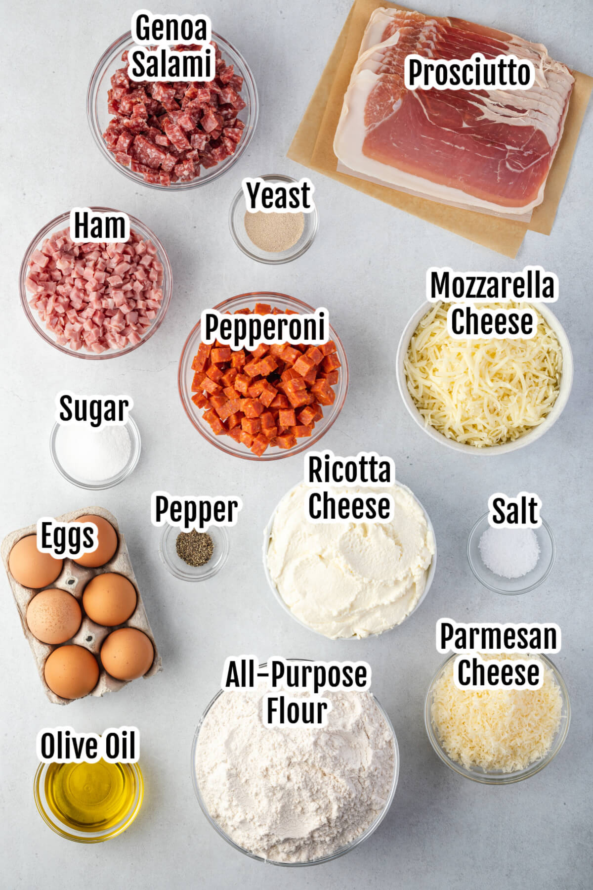 Image of the ingredients necessary for Italian meat pie. 