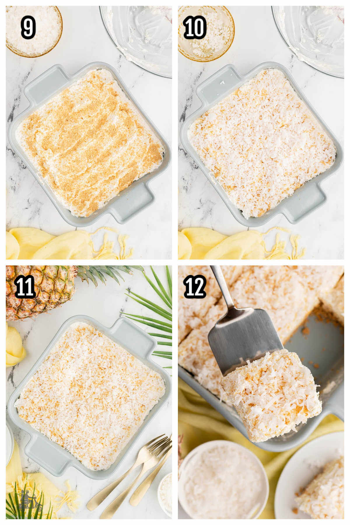 Final four steps for assembling the Toasted coconut pineapple cream cheese dessert. 