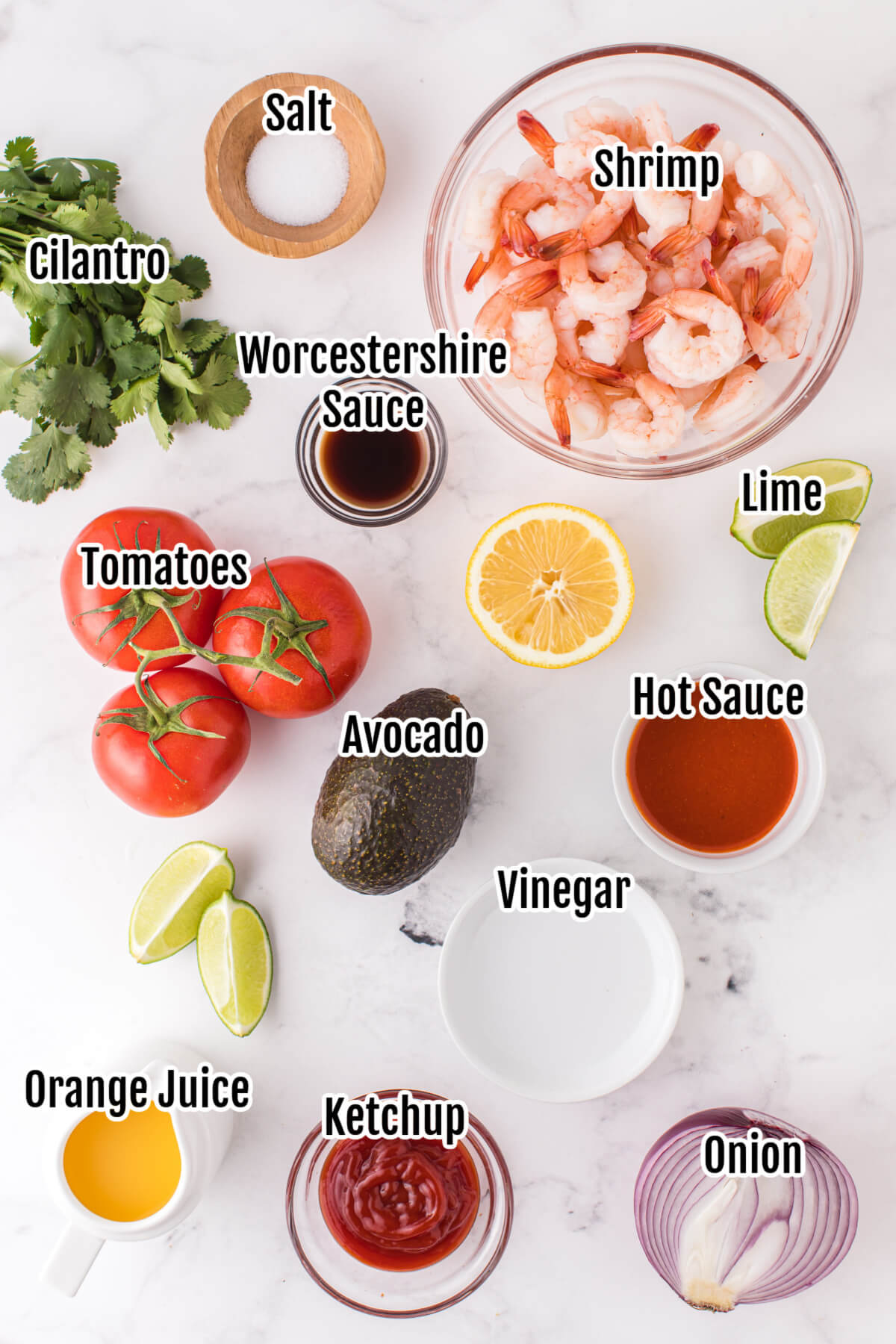 Image of the ingredients for shrimp ceviche. 