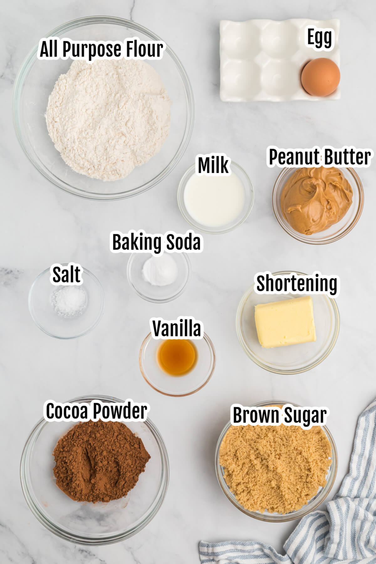 Image of the ingredients for Classic peanut butter cookies with cocoa powder. 