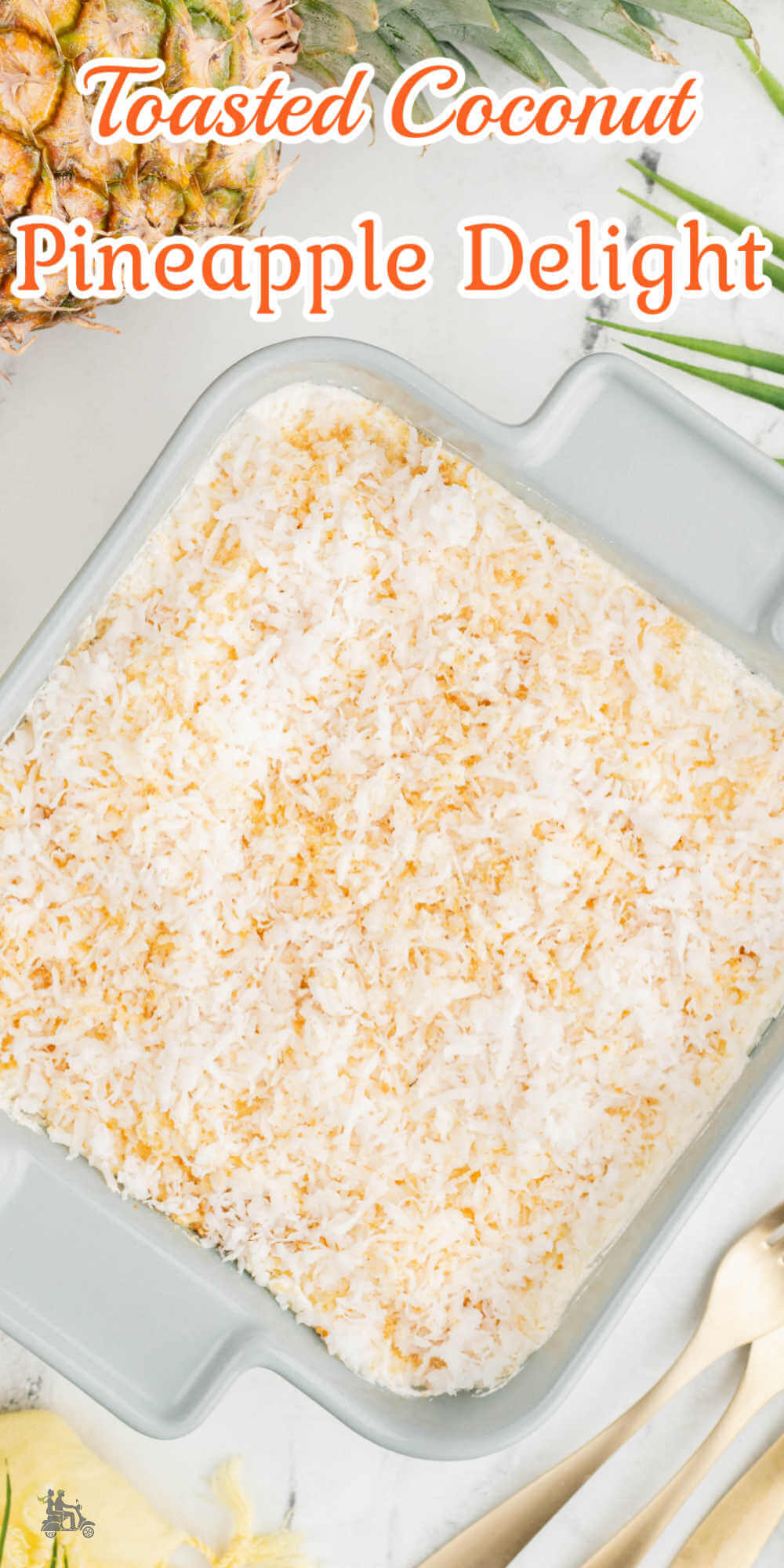 This tropical coconut-pineapple delight recipe is a very easy dessert made with a crushed Graham cracker crust, cream cheese, and pineapple filling, then covered with a whipped topping with toasted coconut and crushed Graham crackers as garnish. While technically the crust is baked, you don't have to, so make it completely a no-bake summer dessert.