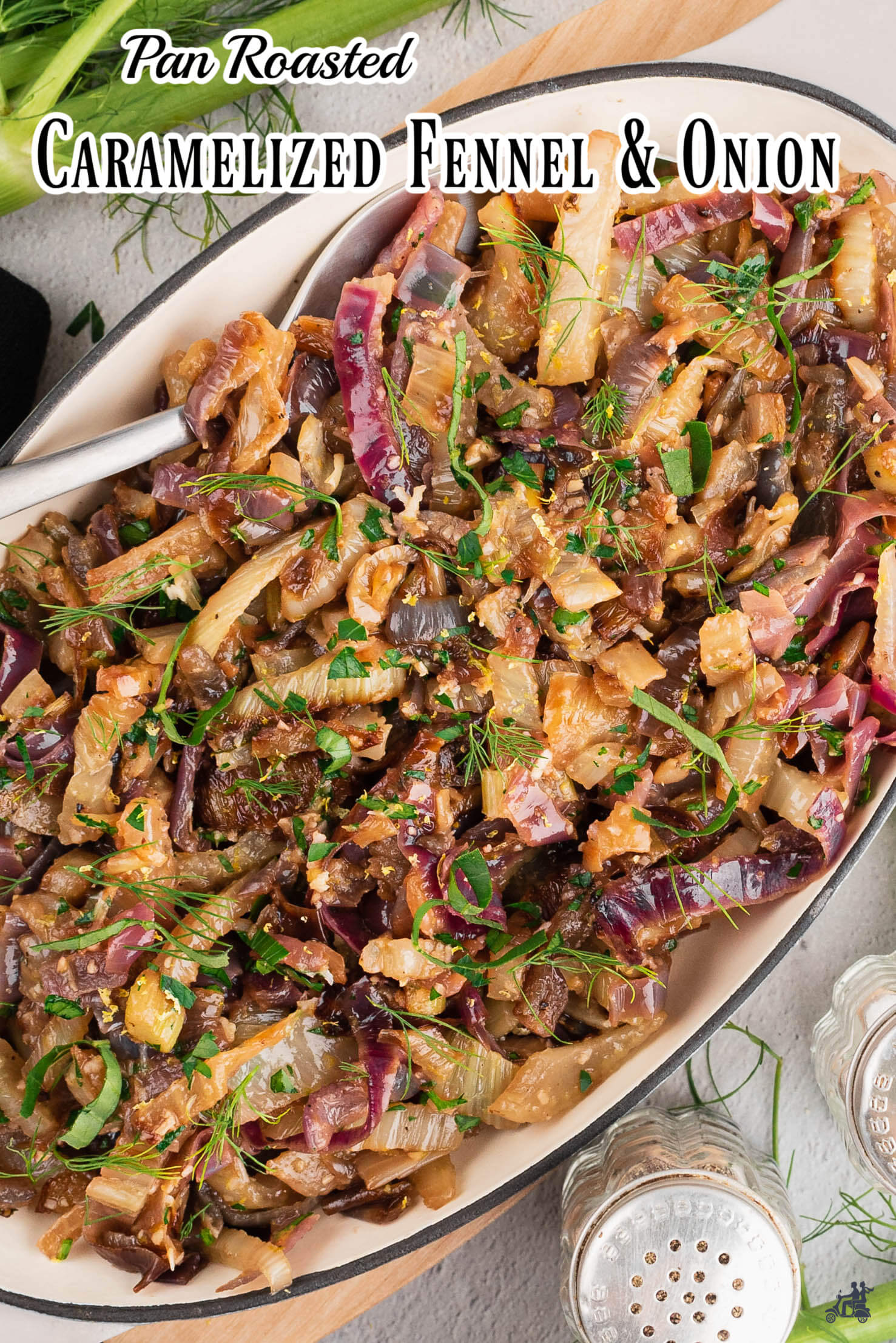 Roasted Fennel and Onion in a serving dish. 