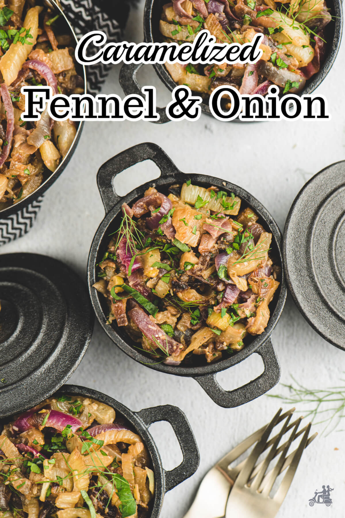 Black iron pots filled with roasted fennel and onion recipe. 