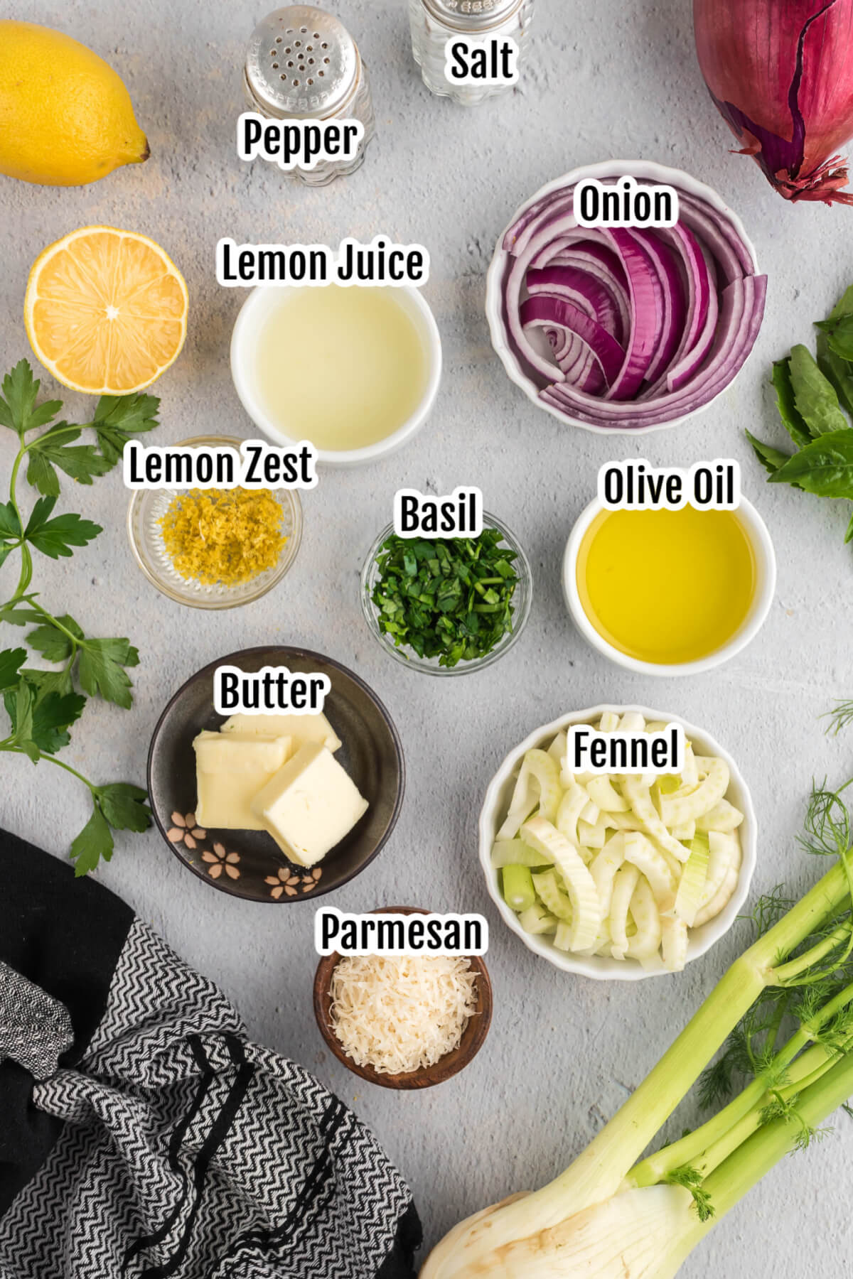 Image of ingredients necessary for making Caramelized Fennel and Onion Recipe. 