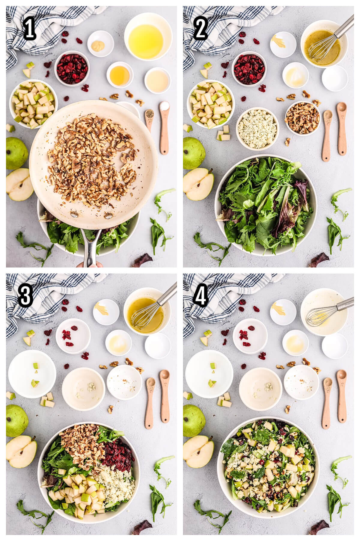 First four steps for combining the arugula salad with pears and gorgonzola cheese.