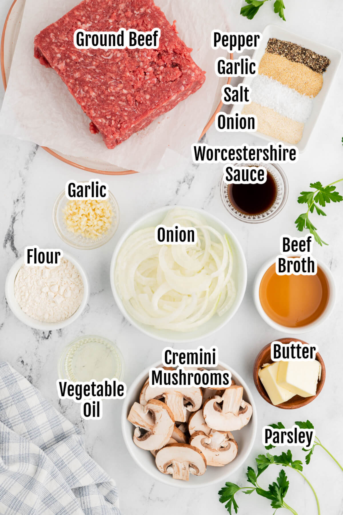 Image of the ingredients needed for Burger Steak Recipe with mushroom gravy. 