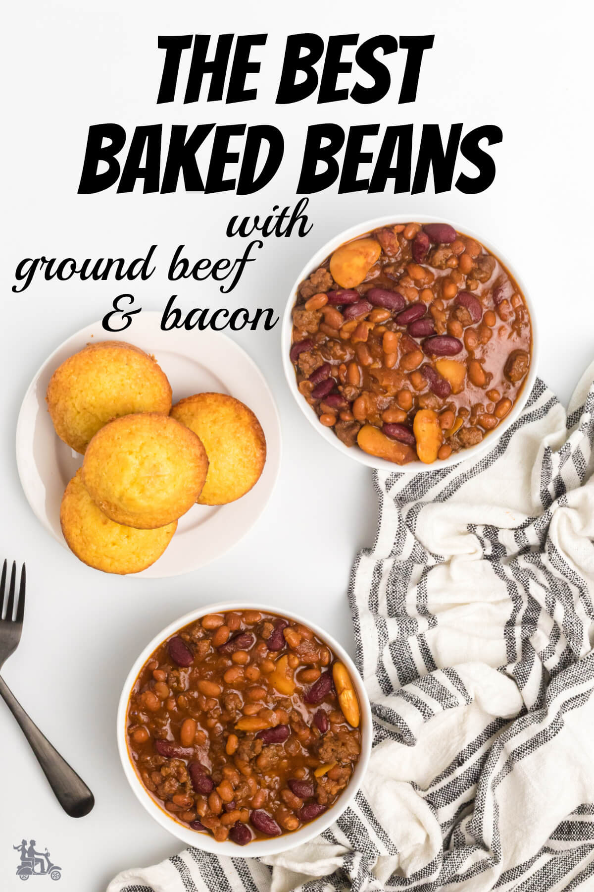 Two bowls with cowboy beans and corn muffins. 
