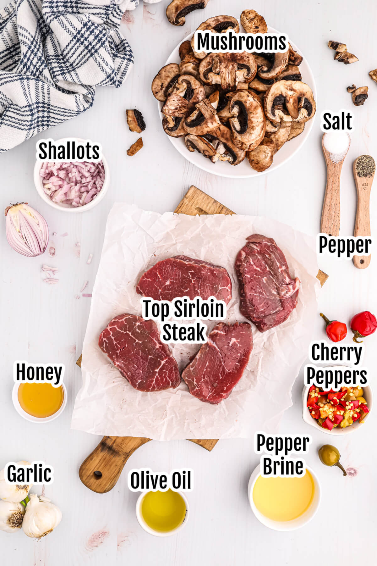 Image of the ingredients needed to make the pan seared sirloin steak recipe. 