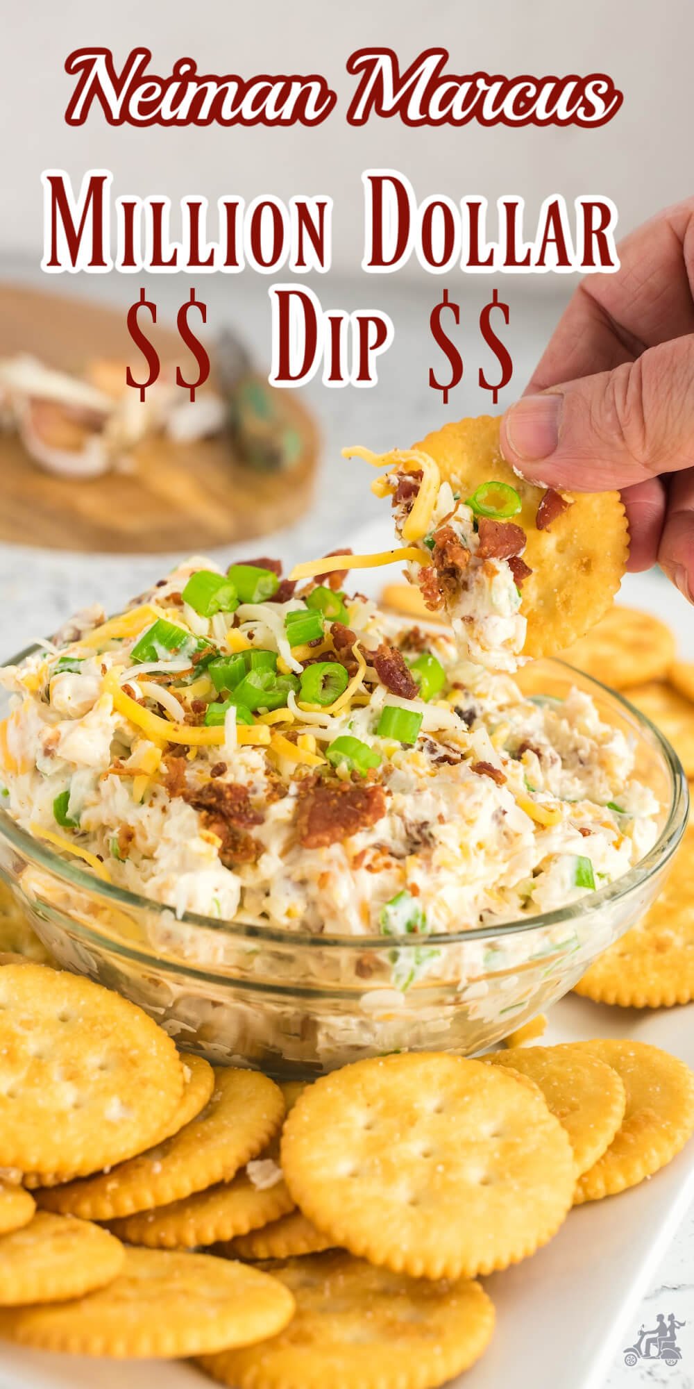 This Million Dollar dip aka the Neiman Marcus dip is ridiculously easy to make with minimal ingredients and only 5 minutes of your time. It simply delectable with creamy tangy flavor, crispy bacon pieces, and the added crunch thanks to the chopped green onions and sliced almonds if you like nuts - perfect for your next party or whenever the craving hits!