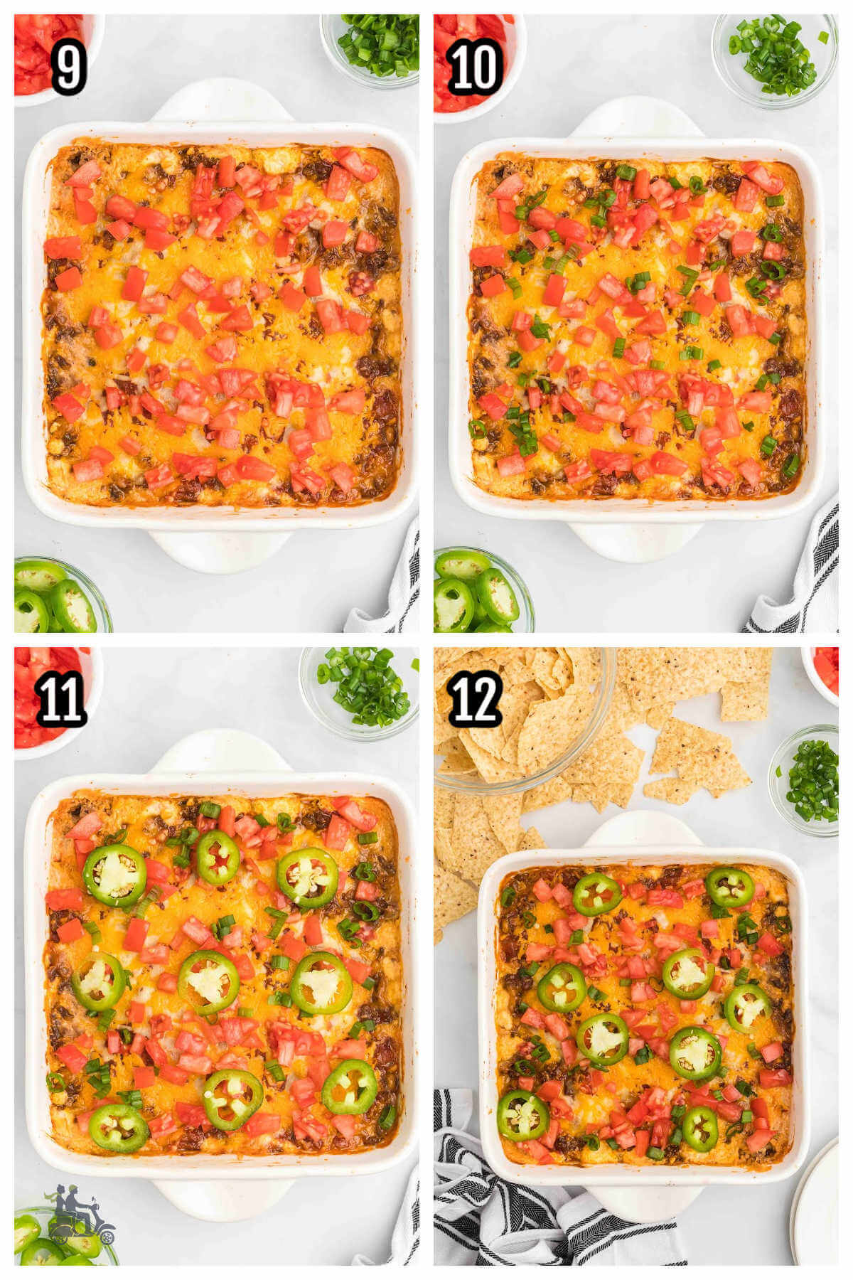 The final four steps for making the taco beef dip with cream cheese. 