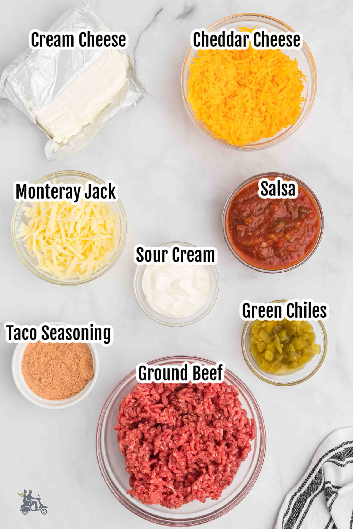 Image of the ingredients needed for Taco Dip with Meat. 