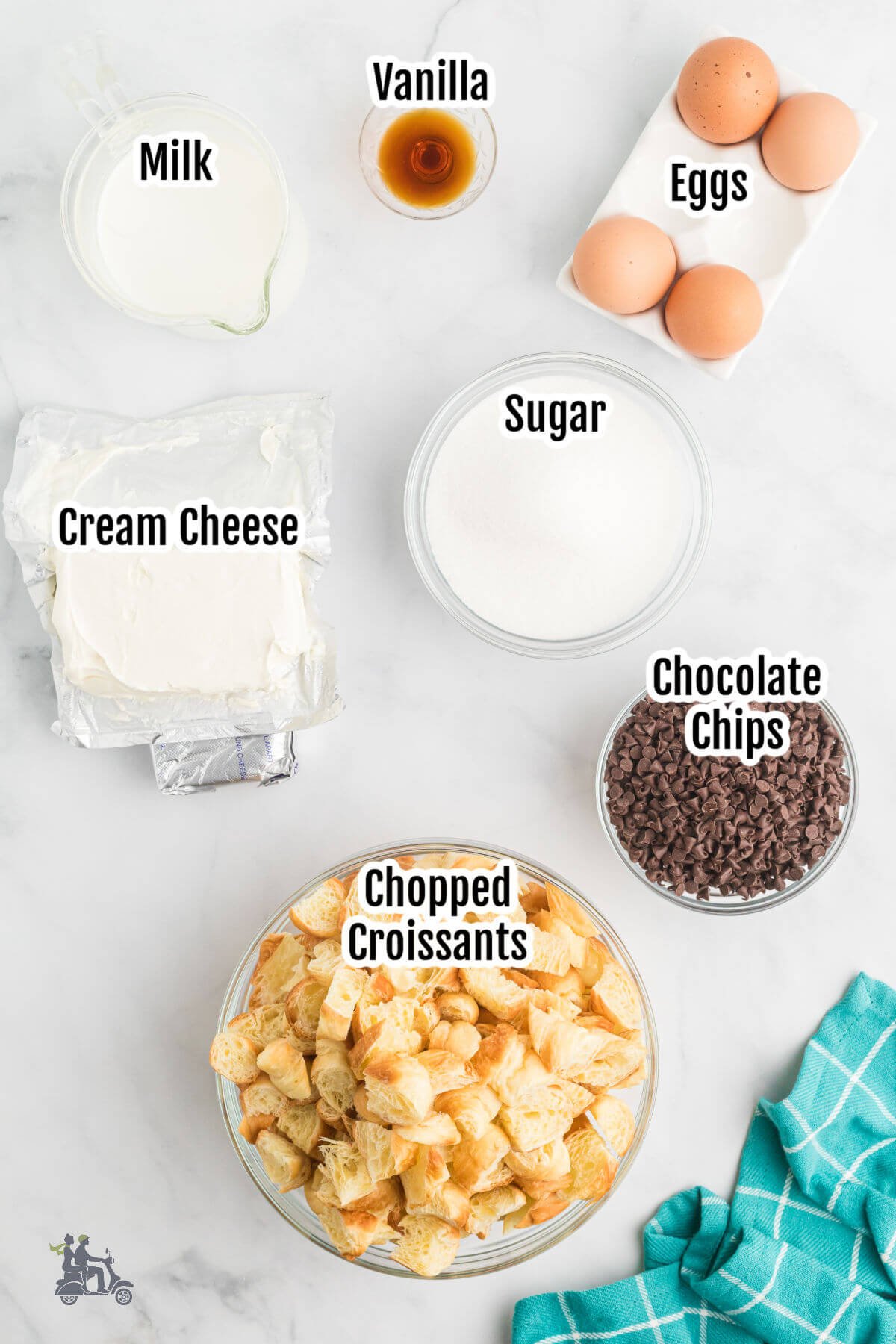 Image of the ingredients needed for Chocolate Croissant Breakfast bake. 