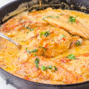 Skillet with chicken cutlets in sun dried tomatoes creamy sauce.