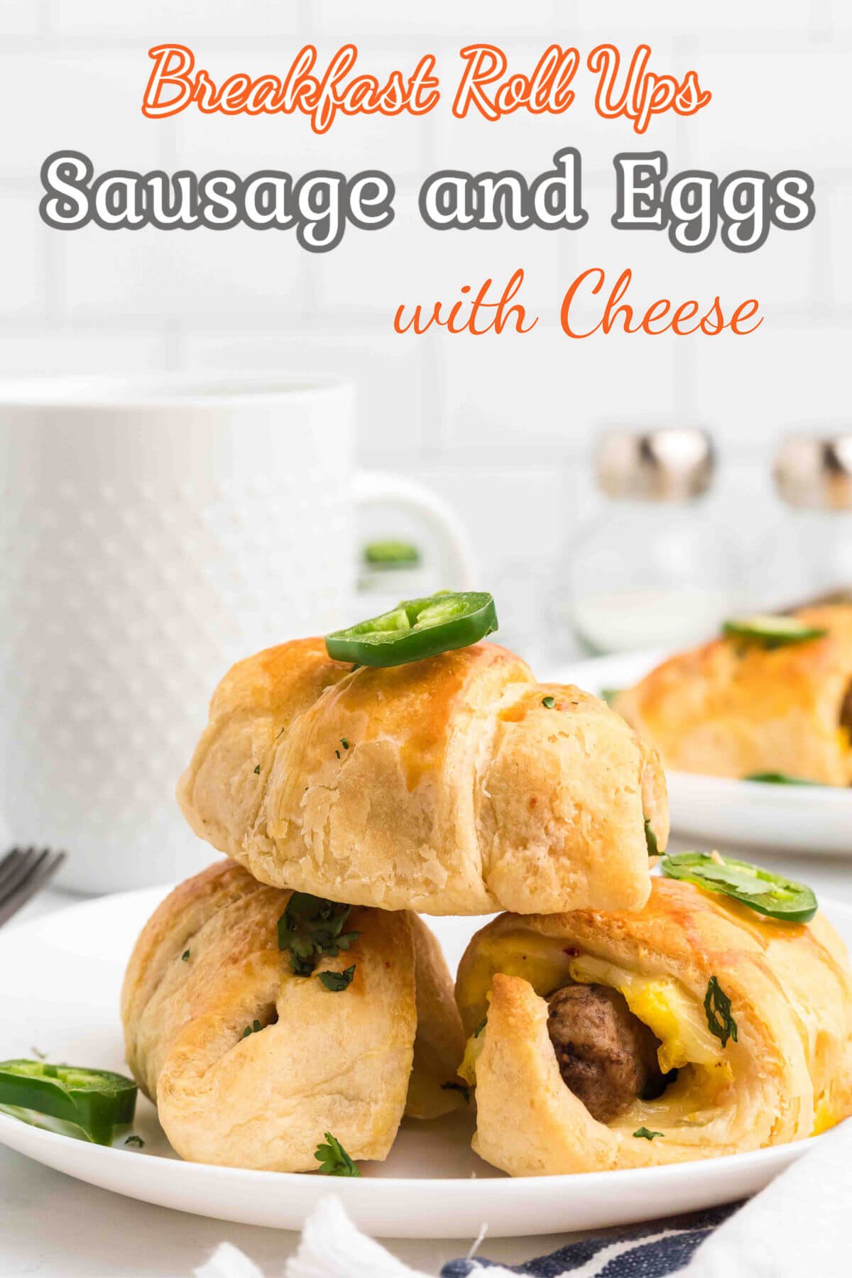 Crescent rolls stuffed with eggs, cheese and a sausage link. 