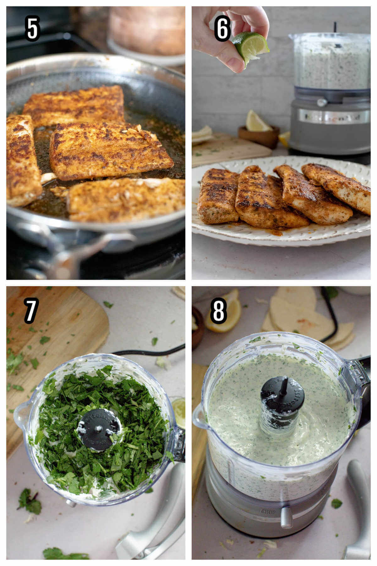 Second set of 4 steps to making the fish Tacos with Cilantro Lime Sauce. 