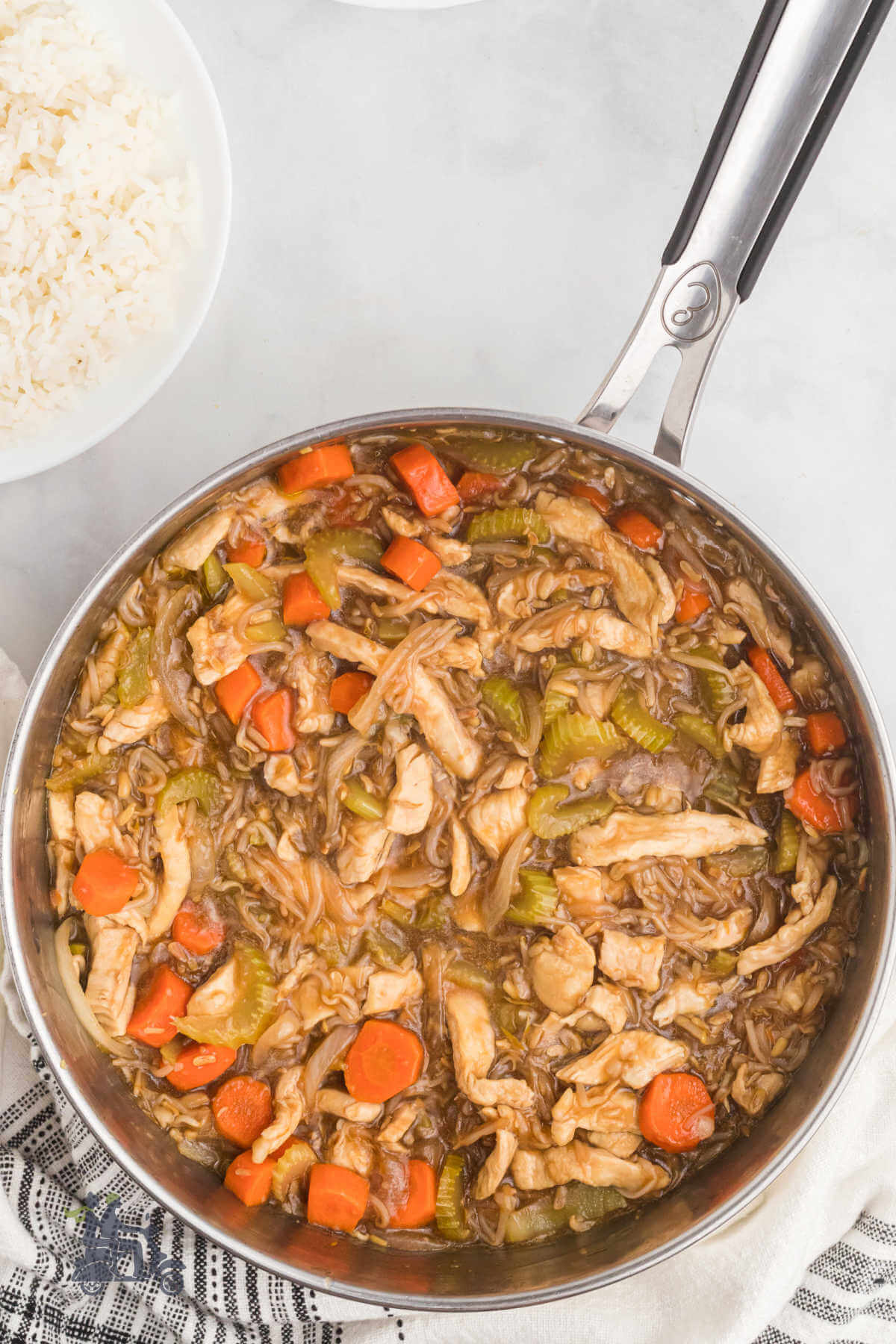 Chicken Chop Suey in a large skillet ready to eat. 