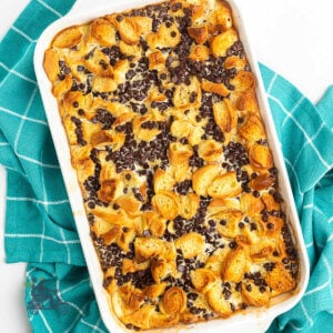 Chocolate Croissant Breakfast Bake in a Casserole dish.
