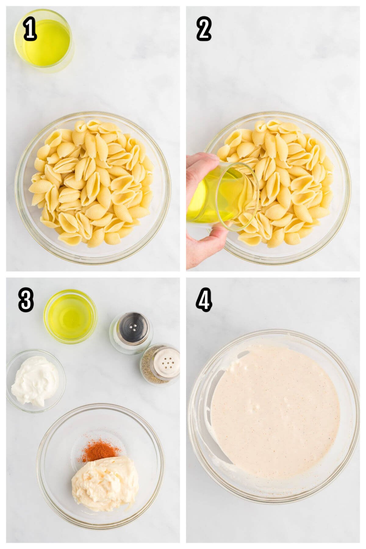 First set of four steps to making the pasta salad with dill pickles. 