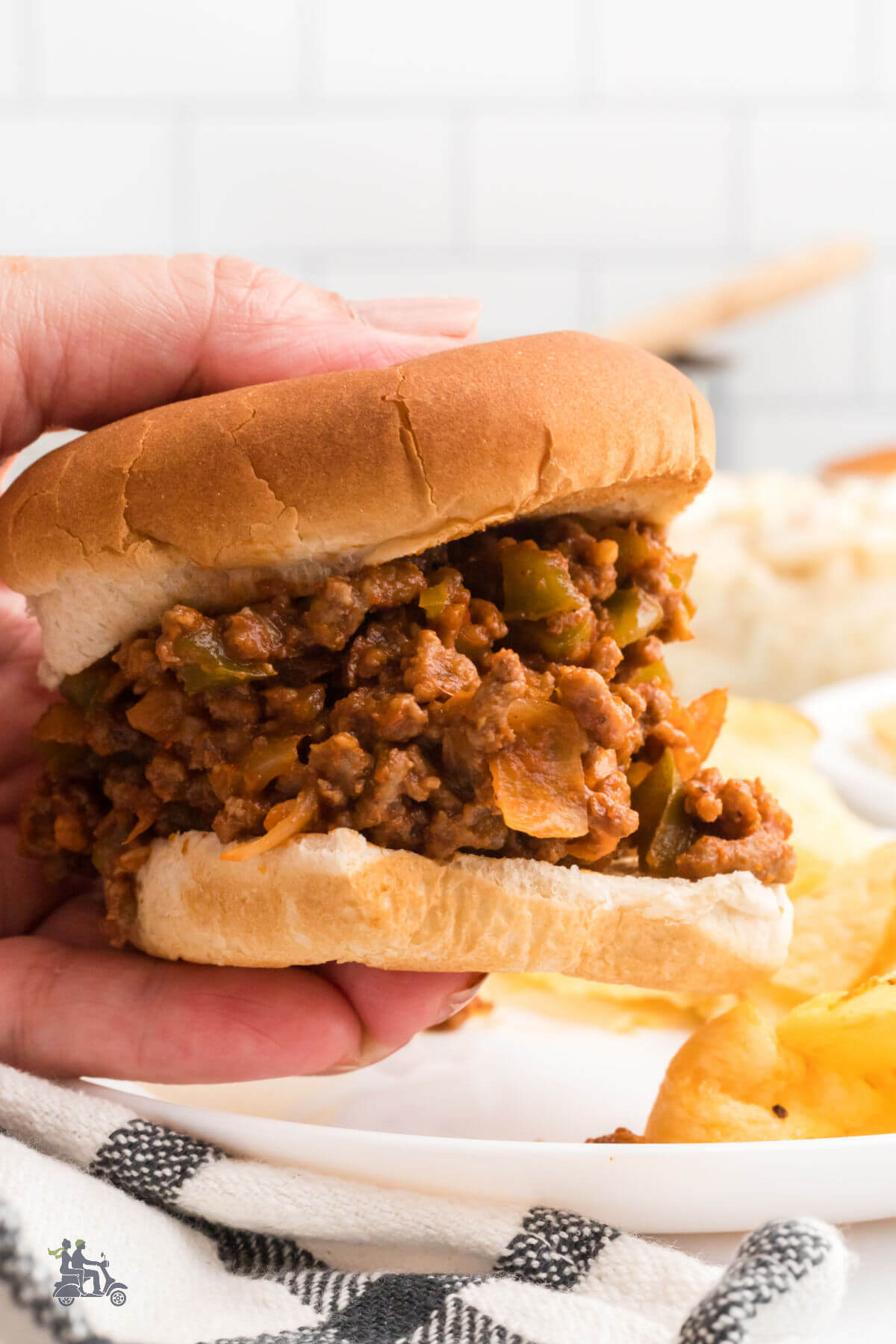 Hand holding a Sloppy Joe Sandwich. 