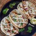 Blackened Mahi Mahi Tacos with Cilantro Lime Sauce.