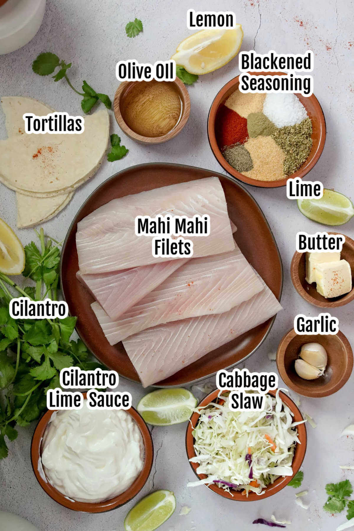 Ingredients needed to make Blackened Mahi Mahi Tacos with Cilantro Lime Sauce. 