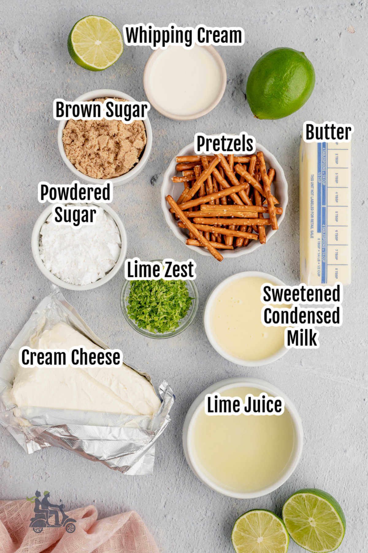 Image of the ingredients needed to make no bake Key Lime Pie recipe with Pretzel crust. 