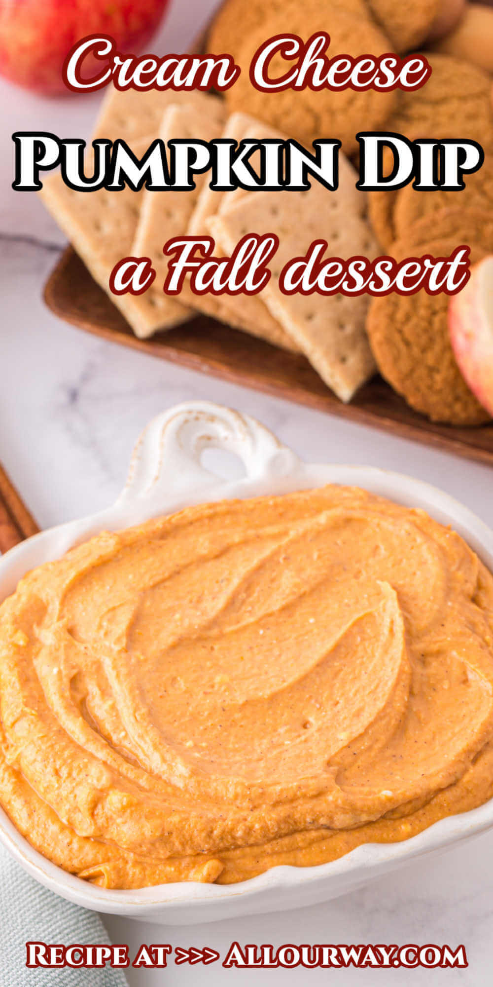Enjoy this sweet and creamy Pumpkin Dip with cream cheese for Thanksgiving or as a Fall-inspired sweet treat. It’s delicious with sliced fruit, wafers, pretzels, and more!