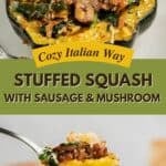 A closeup of the baked stuffed acorn squash with a portion taken out of the squash.