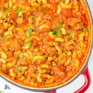 Close up of a deep pot of American Goulash with ground beef.