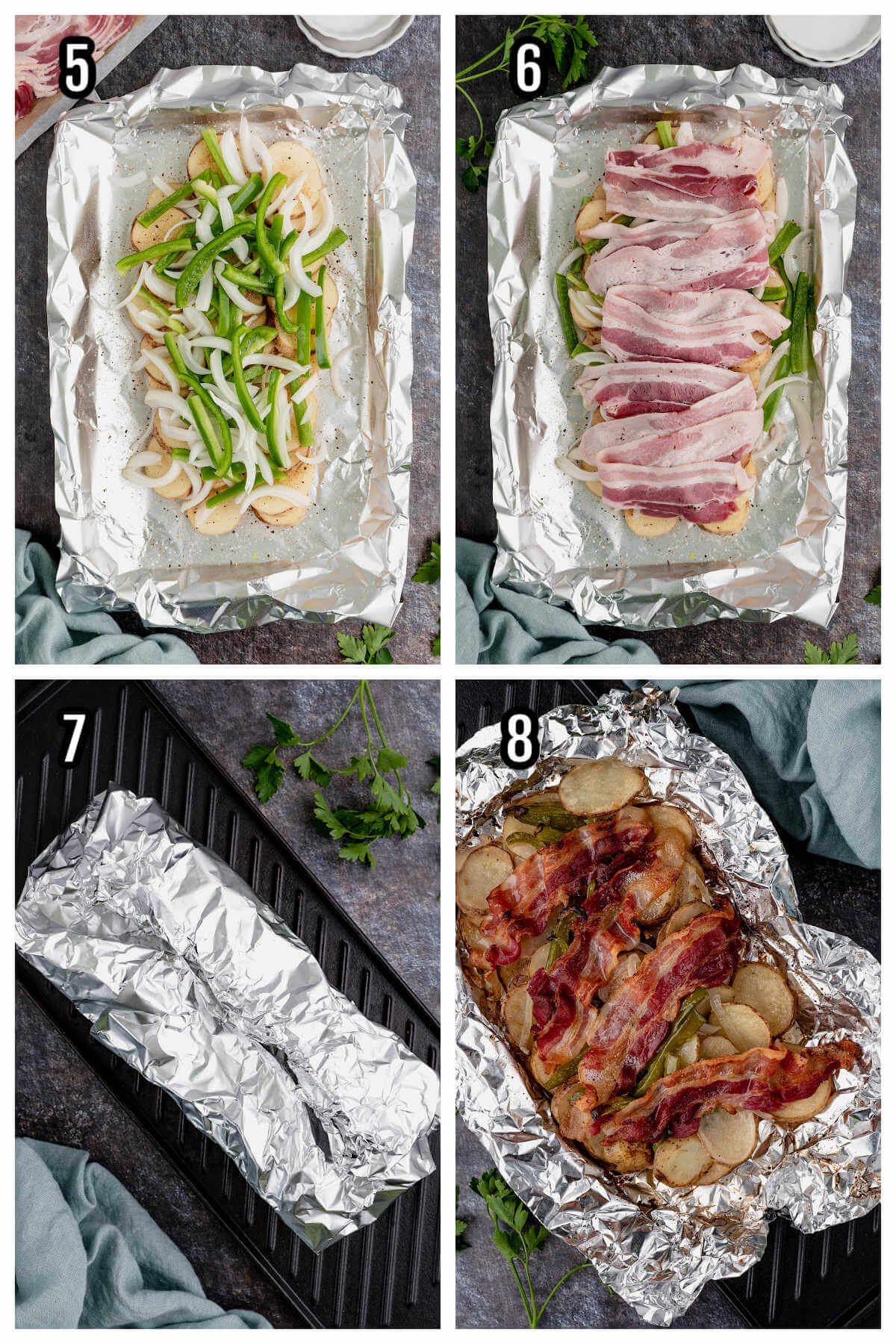 Second set of four steps to making the Bacon, bell pepper, and onion cheesy grilled potatoes. 