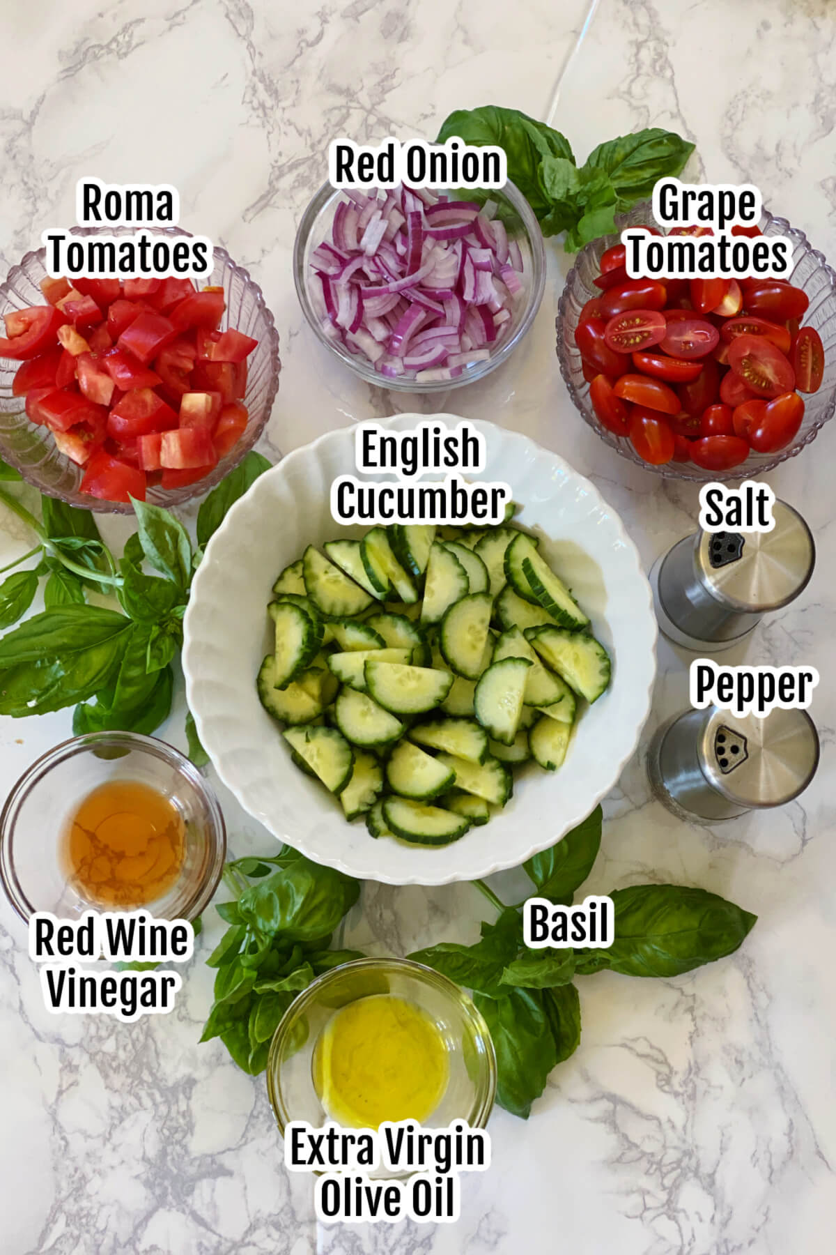 Image of ingredients needed to make the Basil Tomato Salad recipe. 
