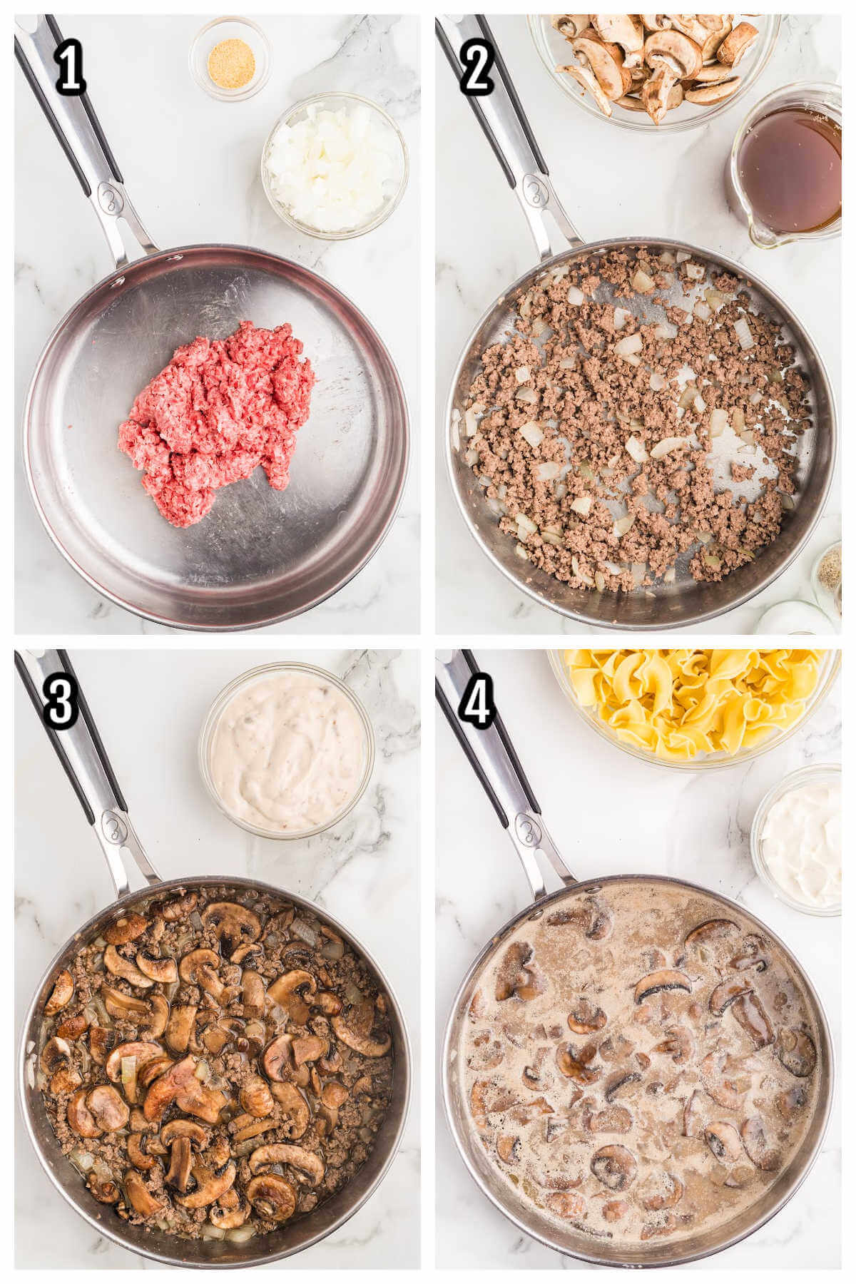 First four steps for making the easy ground beef stroganoff with mushrooms. 