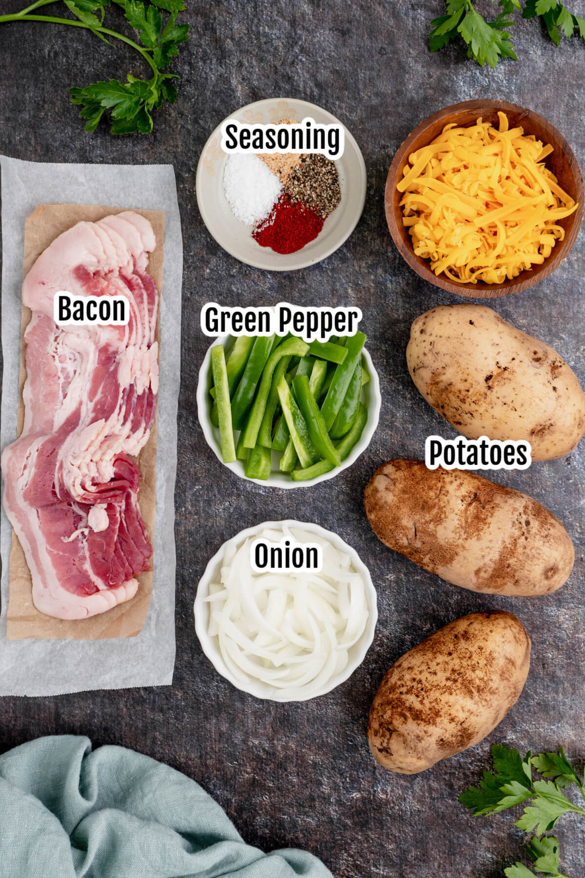 Ingredients needed for Cheesy Grilled Potatoes. 