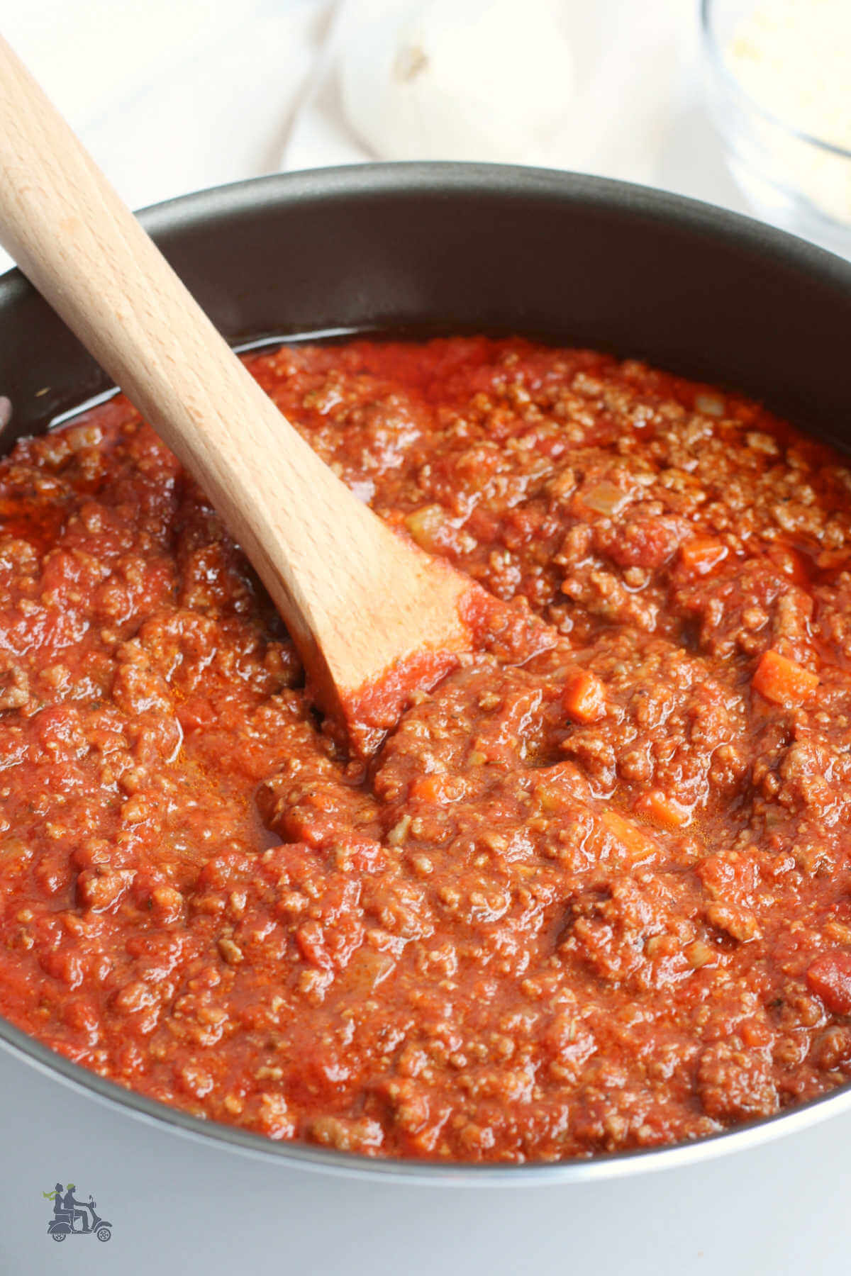 Large pot filled with Spaghetti Meat Sauce. 