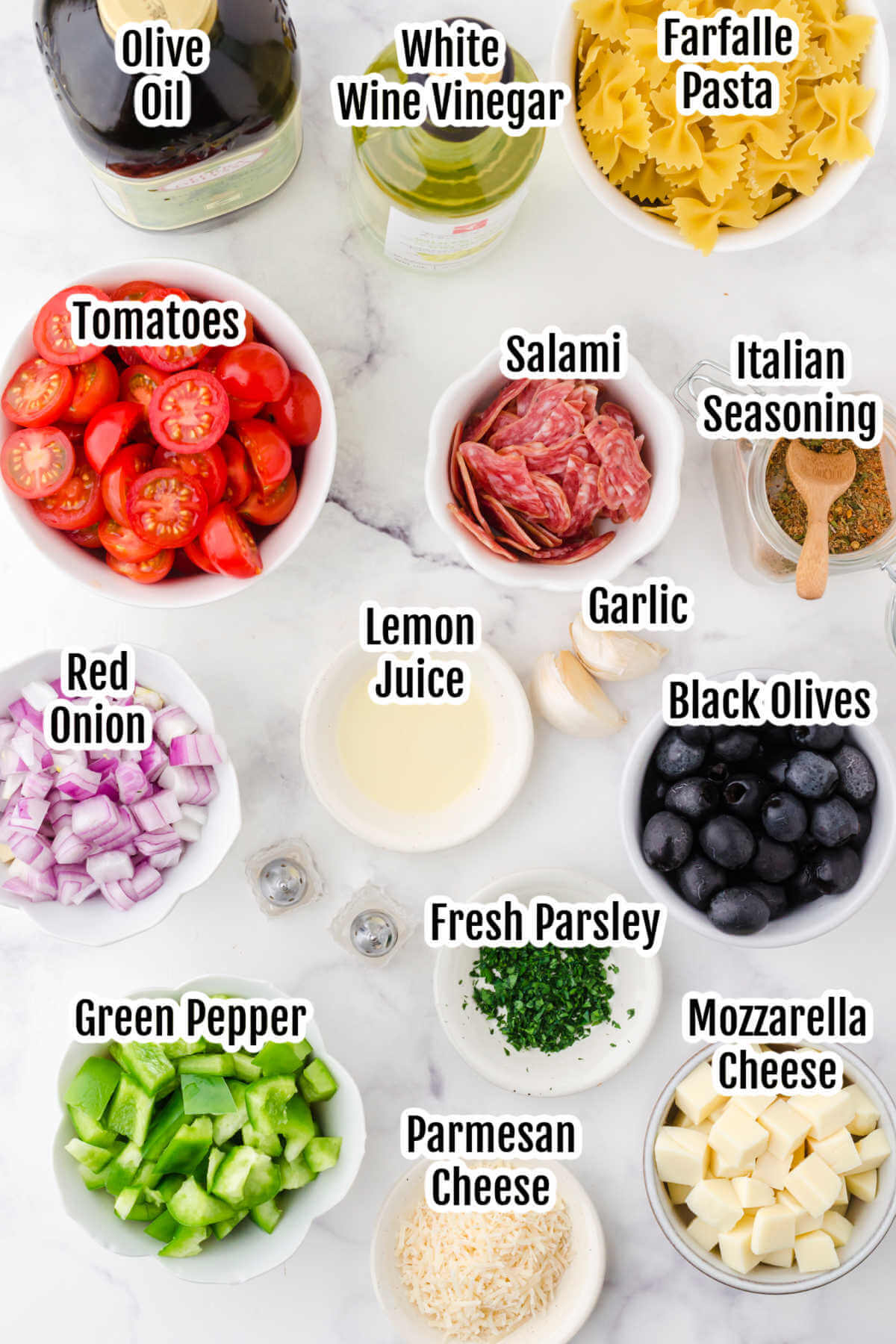 Image of the ingredients needed to make the Italian Pasta Salad. 