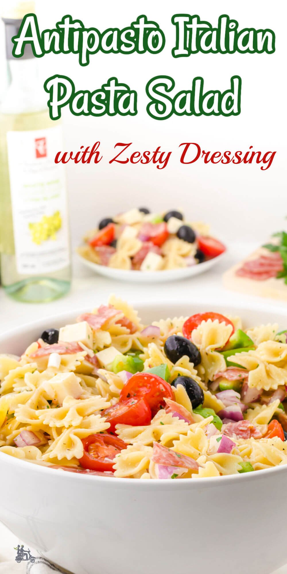 This Zesty Italian Pasta Salad recipe is packed with fresh vegetables, flavorful herbs, salami, and delicious cheese. It's perfect for potlucks, barbecues, and picnics! Plus, it's easy to make so you can focus on enjoying the warm weather. This antipasto farfalle pasta salad will go fast and this recipe makes plenty for the crowd.