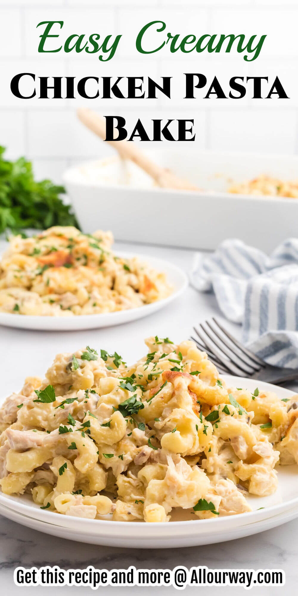 Assemble this Creamy Chicken Pasta Bake in a matter of 15 minutes with creamy sauce, loads of cheese, and juicy rotisserie chicken. It’s a comforting main meal for dinner or to take to your next potluck. 
